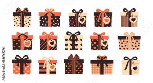 Array of beautifully wrapped gift boxes decorated with hearts, stripes, polka dots, and ribbons for a romantic or festive occasion.