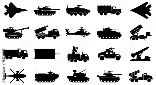 Military vehicle silhouettes set, 20 army transport icons including tanks and jets, black war machine vector collection for tactical design