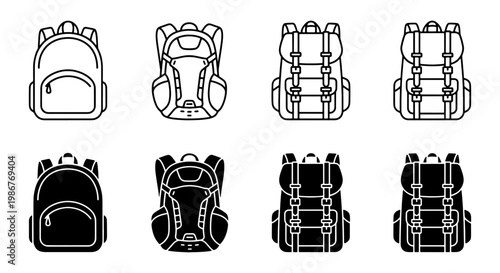 Backpack icon set with 8 vector elements, school bag and hiking rucksack line art, travel luggage and camping backpack silhouettes for web design