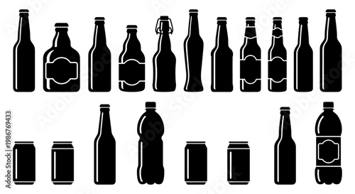 Black bottle silhouettes and aluminum cans collection, 17 beverage container vector icons, assorted glass beer bottles and plastic soda bottles
