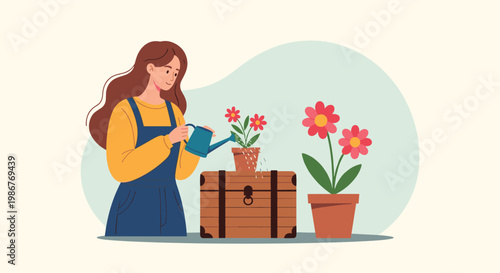 Young woman in overalls uses a blue watering can to care for potted flowers sitting on top of an old wooden storage chest.