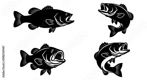 Vintage largemouth bass fish vector set, black and white fishing tournament icons, 4 jumping bass illustrations for outdoor sport branding