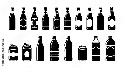 Black beverage bottle icons and soda can silhouettes, 17 drink container vector elements, minimalist liquid packaging set for menu design