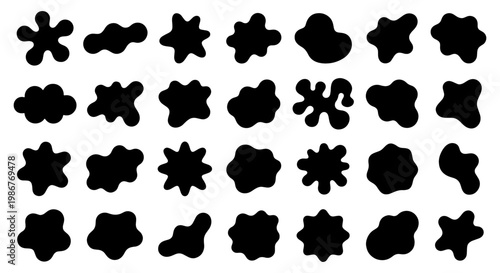 Organic liquid blob silhouettes, set of 28 abstract amoeba shapes, black ink splat vector elements, irregular fluid drop icons for graphic design