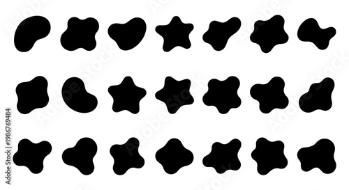 Abstract organic blob shapes, set of 21 black liquid silhouettes, minimalist fluid amoeba vector elements for modern graphic design