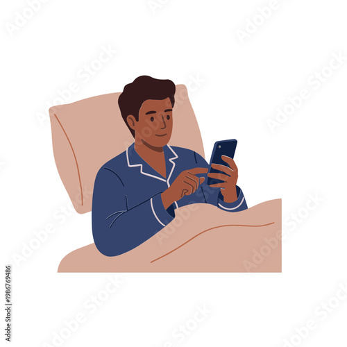 Man relaxing in bed using smartphone at night leisurely