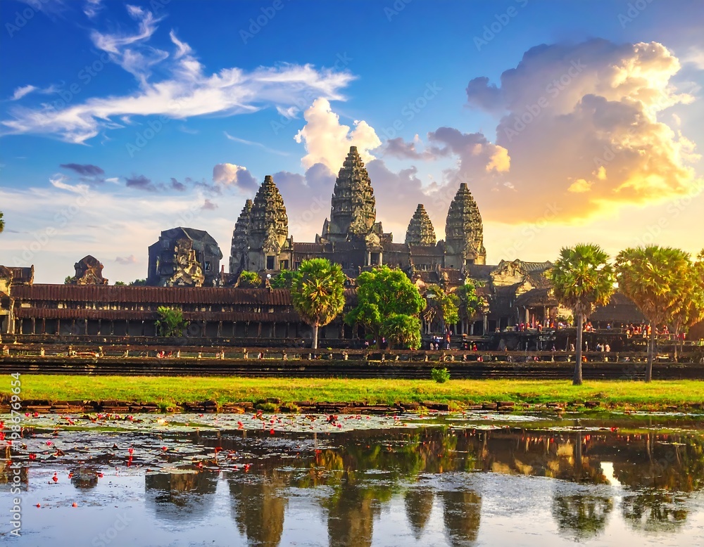Fototapeta premium Ancient temple complex at sunrise with reflection in water