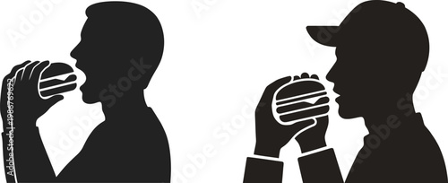 Black silhouette illustration of two different men holding and eating a delicious cheeseburger.
