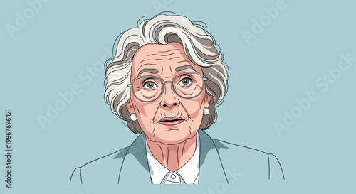 Detailed portrait of a sophisticated senior woman with wavy grey hair, pearl earrings, and glasses wearing a light blue suit.