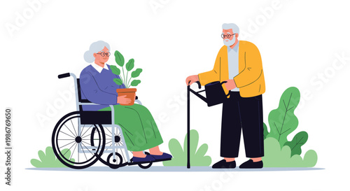 Kind elderly man waters a green plant held by an elderly woman sitting in a wheelchair while they spend time in a park.
