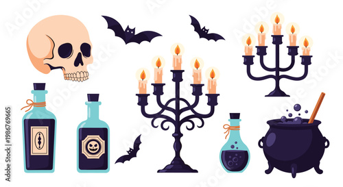 Set of dark Halloween icons featuring a skull, bats, ornate candelabras with lit candles, magic potions, and a bubbling cauldron.