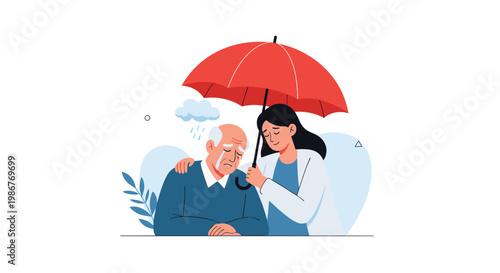 Compassionate young woman holds a red umbrella over a crying elderly man to offer support and comfort during a difficult time.