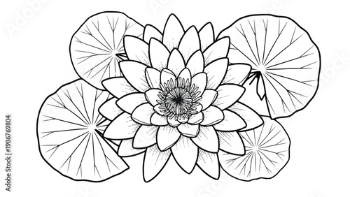 Detailed line drawing of a lotus flower with large lily pads