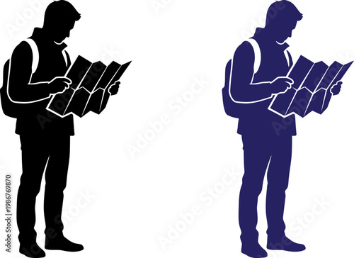 Two identical silhouettes of a young traveler with a backpack standing and looking at a map