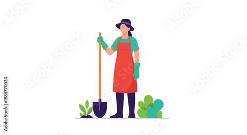 Female gardener in a red apron and blue hat stands proudly with a shovel among green plants over a clean white background.