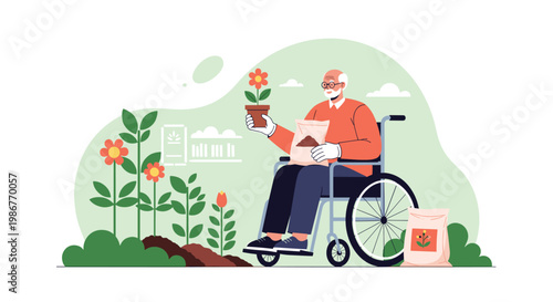 Elderly man in a wheelchair enjoys gardening by planting flowers and using bags of soil in a peaceful outdoor park setting.