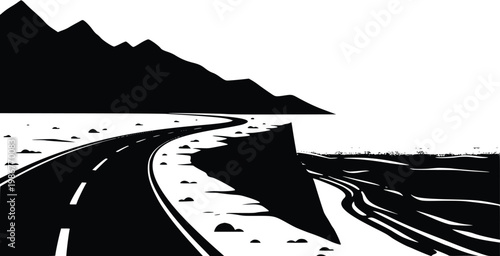 A black and white illustration of a winding road cutting through a rugged landscape with rocky terrain and majestic mountains in the background.