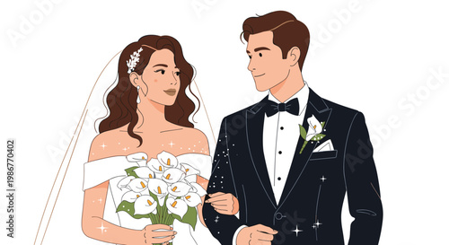 Beautiful wedding couple featuring a bride in an off the shoulder gown with a lily bouquet and a groom in a classic black tuxedo.