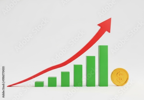 A green bar graph with a red arrow and a gold coin on a white background