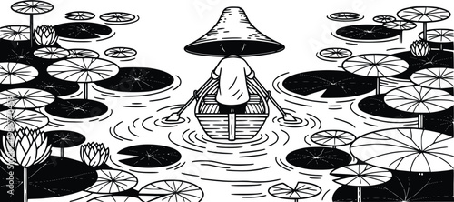 Man in a boat rows through a serene pond with lily pads and lotus flowers wearing a traditional asian conical hat