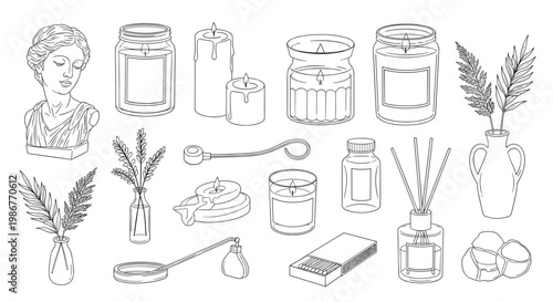 Set of elegant home decor items in a line art style including candles, vases, a bust statue, and aromatic reed diffusers.