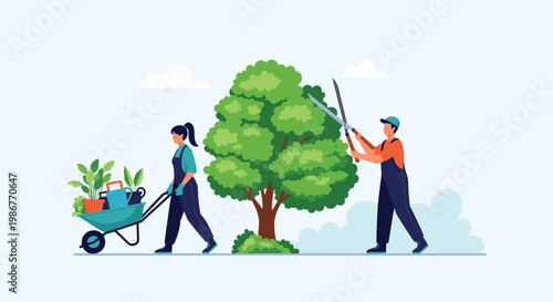 Team of professional gardeners works in a park to prune a large green tree and transport potted plants in a blue wheelbarrow.