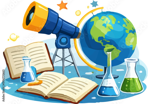 Astronomy Education with Telescope and Globe Illustration
