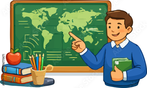 Teacher Explaining World Map Geography Lesson Illustration
