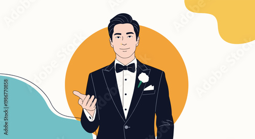 Handsome man in a sophisticated black tuxedo with a white boutonniere stands against a modern abstract orange and teal background.