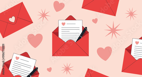 Romantic seamless pattern depicts red envelopes with love letters, hearts, and stars scattered across a soft pink background.