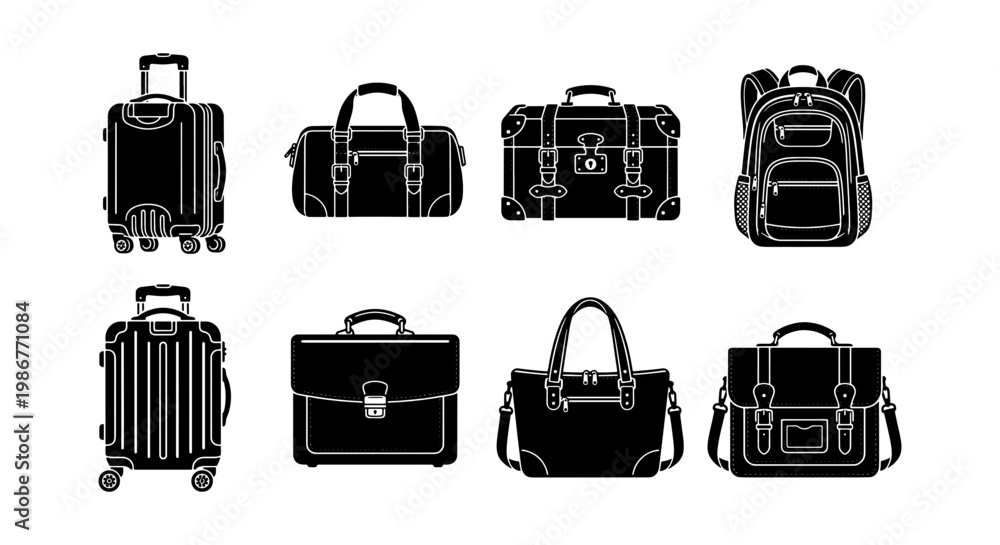 Fototapeta premium Travel luggage icon set with 8 black vector silhouettes, suitcase and backpack collection, professional briefcase and handbag illustrations for tourism