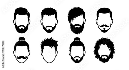 Barber shop hairstyle icons, men's beard and haircut styles vector set, masculine facial hair silhouettes for grooming salon branding