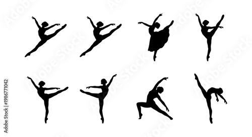 Graceful ballet dancer silhouettes set, 8 black vector icons of ballerina performing classical dance poses, elegant female performers in motion