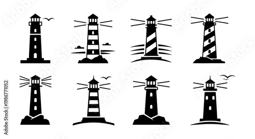 Lighthouse icon set with 8 black vector silhouettes, nautical maritime beacon symbols, coastal navigation tower illustrations for logos and branding