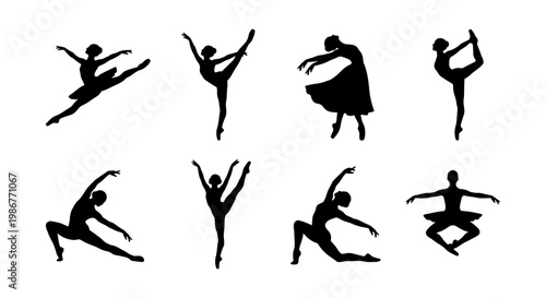 Graceful ballerina silhouettes set, 8 ballet dancer vector icons in various poses, elegant female performers in tutus and leotards for dance studio branding
