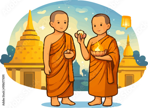 Two Buddhist Monks Walking and Talking Near Temple Illustration
