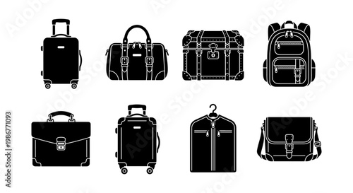 Travel luggage icon set, black silhouette suitcase and backpack collection, 8 vector baggage elements for tourism and business trips