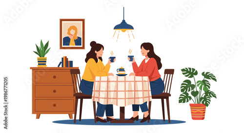 Two female friends enjoy a cozy afternoon tea together while sitting at a table in a nicely decorated room with house plants.