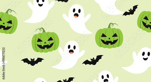 Playful Halloween seamless pattern displays white ghosts, black bats, and carved green pumpkins on a soft light green background.