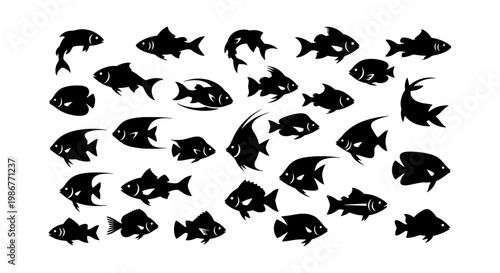 Black fish silhouettes collection, set of 28 aquatic animal vector icons, minimalist sea life shapes for fishing and nature design