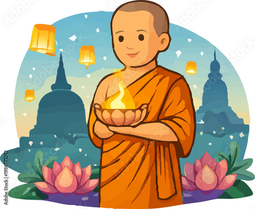 Buddhist Monk Holding Lanterns Celebrating Vesak Day Illustration