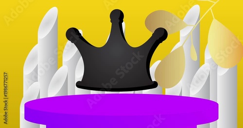 Mockup product display with Crown. Animation cylinder pedestal podium. Stage showcase video for presentation. Moving minimal geometric forms.