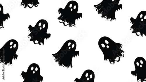 Black ghost illustrations on white background for halloween designs