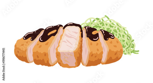 Japanese Tonkatsu Illustration: Sliced Breaded Pork Cutlet with Sauce and Shredded Cabbage Isolated on White Background