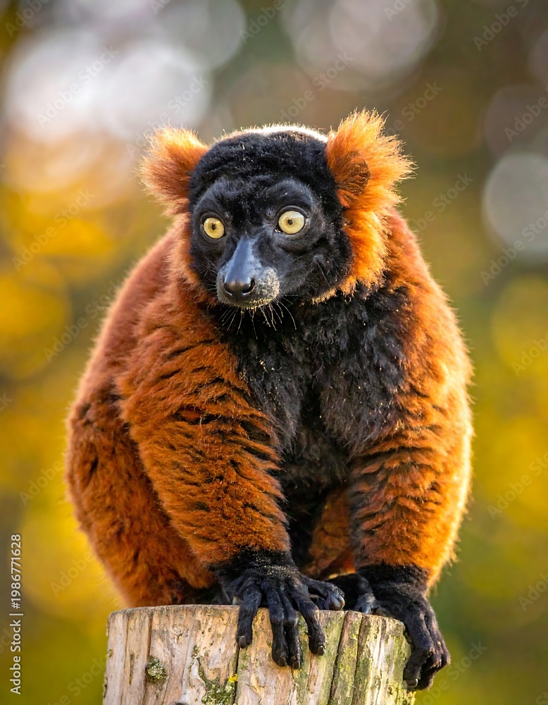 Fototapeta premium Close-up of a red ruffed lemur perched on weathered wooden post