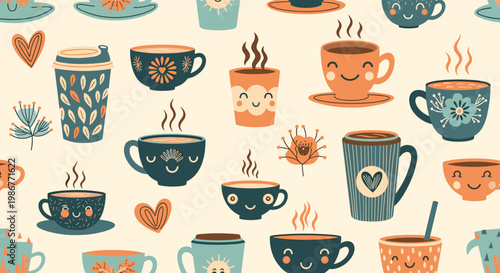 Adorable seamless pattern of cute coffee and tea mugs with smiling faces, hearts, and floral designs on a light cream background.