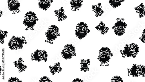 Christmas pattern featuring cartoon Santa Clauses and bells on white background