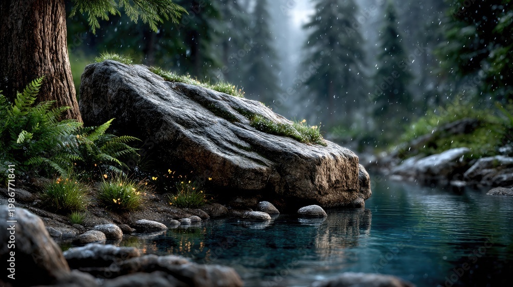 Fototapeta premium Tranquil forest stream with large rock and falling water.