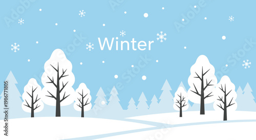 Serene winter landscape illustration featuring snow-covered trees and a peaceful white field under a clear blue sky with snowflakes.