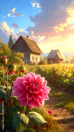 A serene landscape with a large pink flower in the foreground and two houses in the background under a vibrant sunset sky